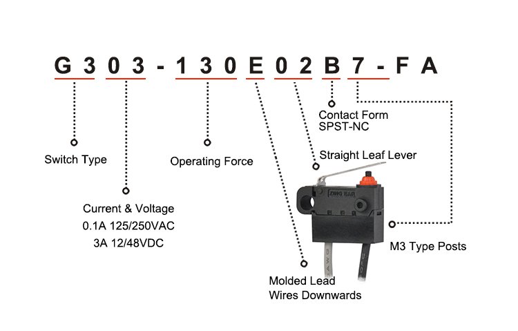 G303-130E02B7-FA SPST Normally Closed Straight Lever Waterproof Micro Switch with Wire