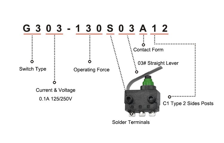 G303-130S03A12 Solder Terminal 40t85 Subminiature Lever 3 Pin Way Sealed Micro Switch