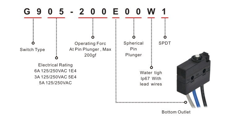 G905-200E00W1 Waterproof Types Pushbutton Snap Action Micro Switch Snap Action Micro Switch