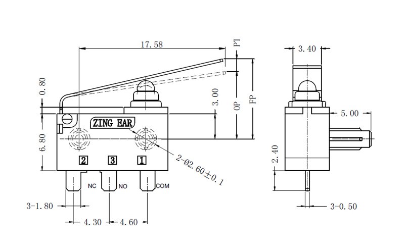 G303-130W28A53 Long Lever IP67 Subminiature Three Terminal Micro Switch Long Lever IP67 Subminiature Three Terminal Micro Switch