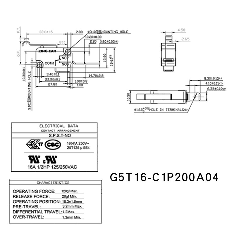 G5T16 C1P2200A04 Free Sample SPDT Simulated Flat Lever Micro Switch 8