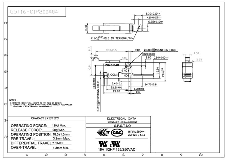 SPST Simulated Roller Flat Lever Micro Switch