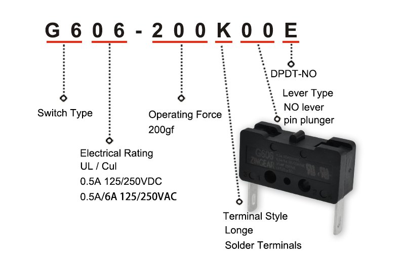 G606-200K00E Normally Open DPDT Micro Snap Action Switch (12) G606-200K00E Normally Open DPDT Micro Snap Action Switch