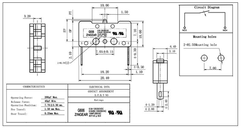 G606-200K00E Normally Open DPDT Micro Snap Action Switch (14) G606-200K00E micro switch drawing