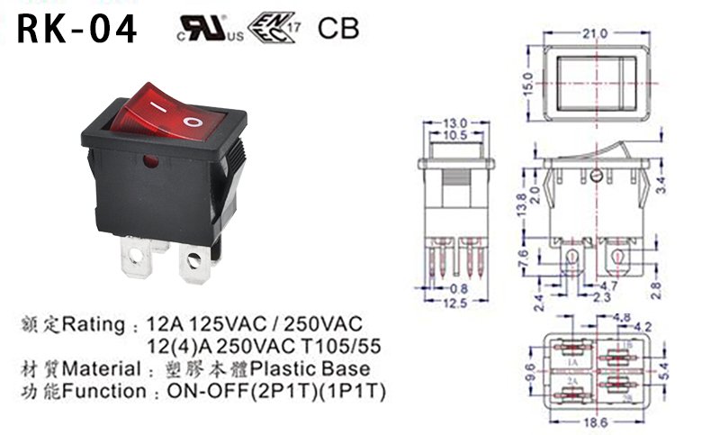 RK-04 T105 DPST Lighted SPST Rocker Switch (9) RK-04 T105 DPST Lighted SPST Rocker Switch
