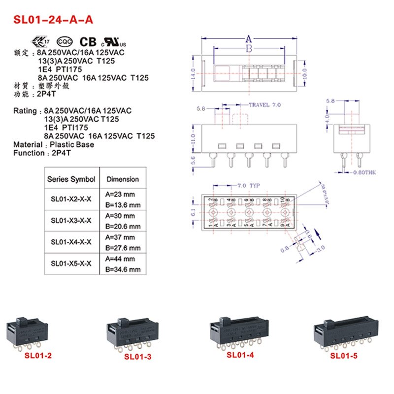 SL01 8 Position Pin DP4T Slide Switch (5) 8 Position Pin DP4T Slide Switch