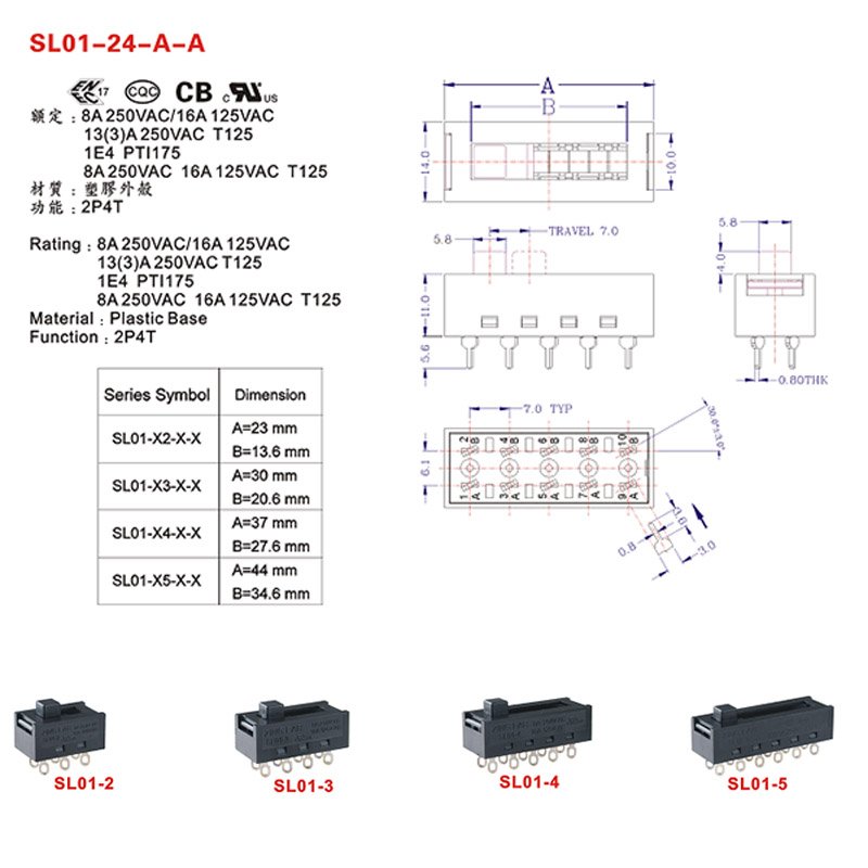 8 Position Pin DP4T Slide Switch