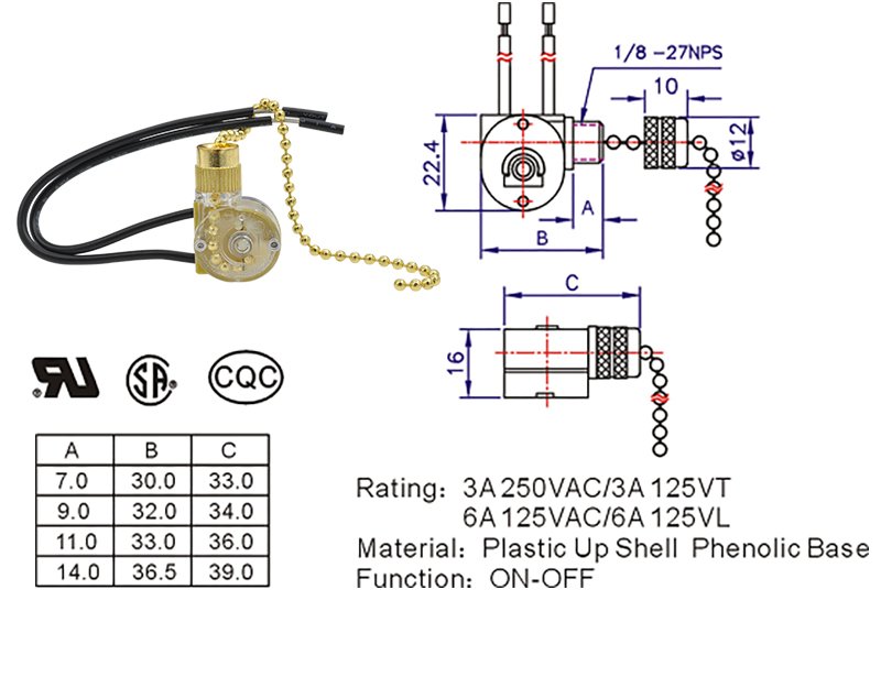 ZE-109 3A 6A On Off Ceiling Fan Pull Chain Switch (10) Ceiling Fan Pull Chain Switch