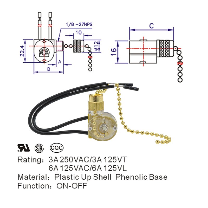 3A 6A On Off Ceiling Fan Pull Chain Switch