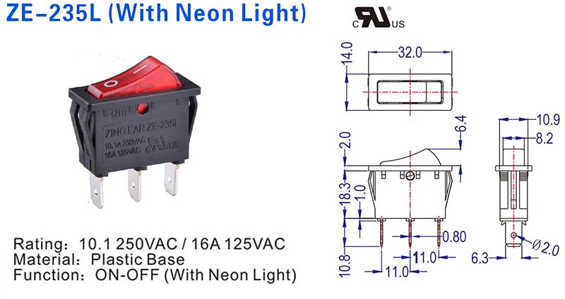 ZE-325L On-Off SPDT 3Way Illuminated Rocker Switch 