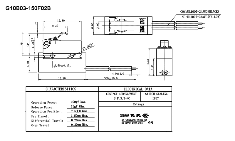 SPST NC IP67 Waterproof switch drawing