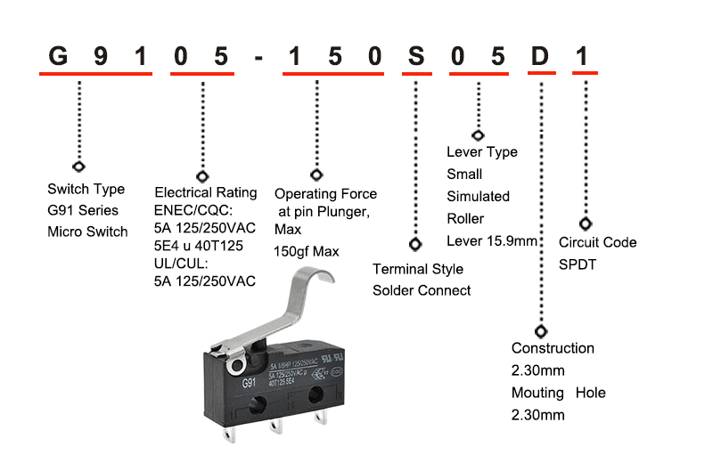 G9105-150S05D1 Small Simulated Roller Lever Micro Switch 5A 250VAC (1) G9105-150S05D1 microswitch item choice