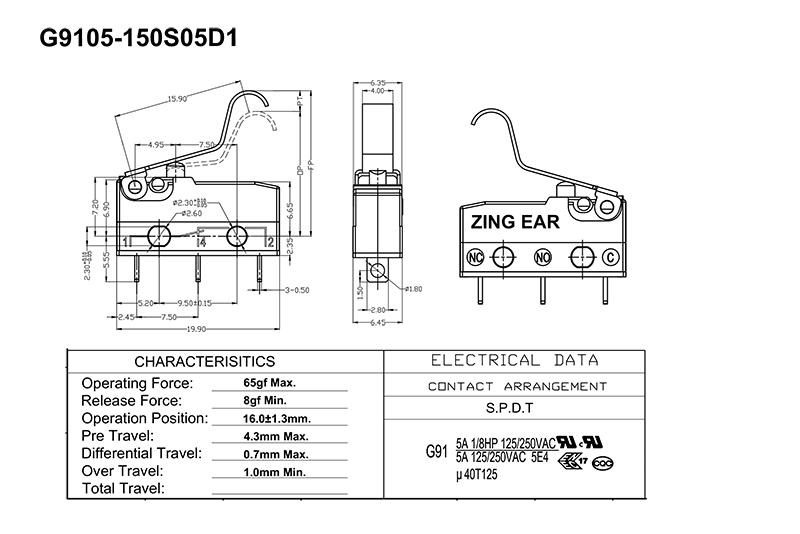 G9105-150S05D1 Small Simulated Roller Lever Micro Switch 5A 250VAC (11) G9105-150S05D1 switch drawing