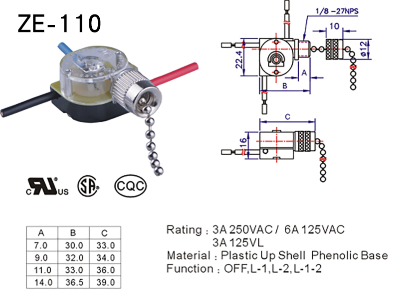 ZE-110 Zing Ear Pull Chain Switch For Celling Fan Datasheet