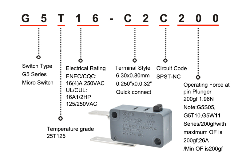 G5T16-C2C200-H1 Single Pole Single Throw Micro Switch Item