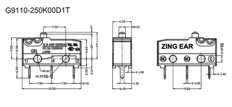 The drawing of G9110-250K00D1T PCB Micro Switch The drawing of G9110-250K00D1T PCB Micro Switch