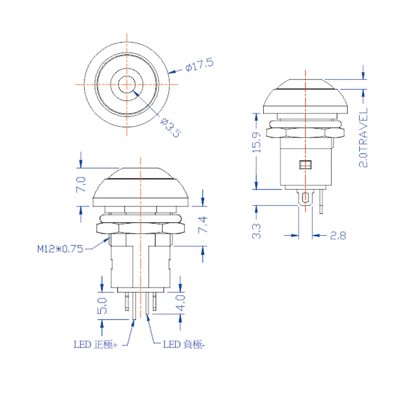 LED Push Button Switch Normally OFF 1.5A 250V AC 2A 36V DC 5