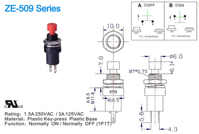 ZE-509 SPST push button switch drawing