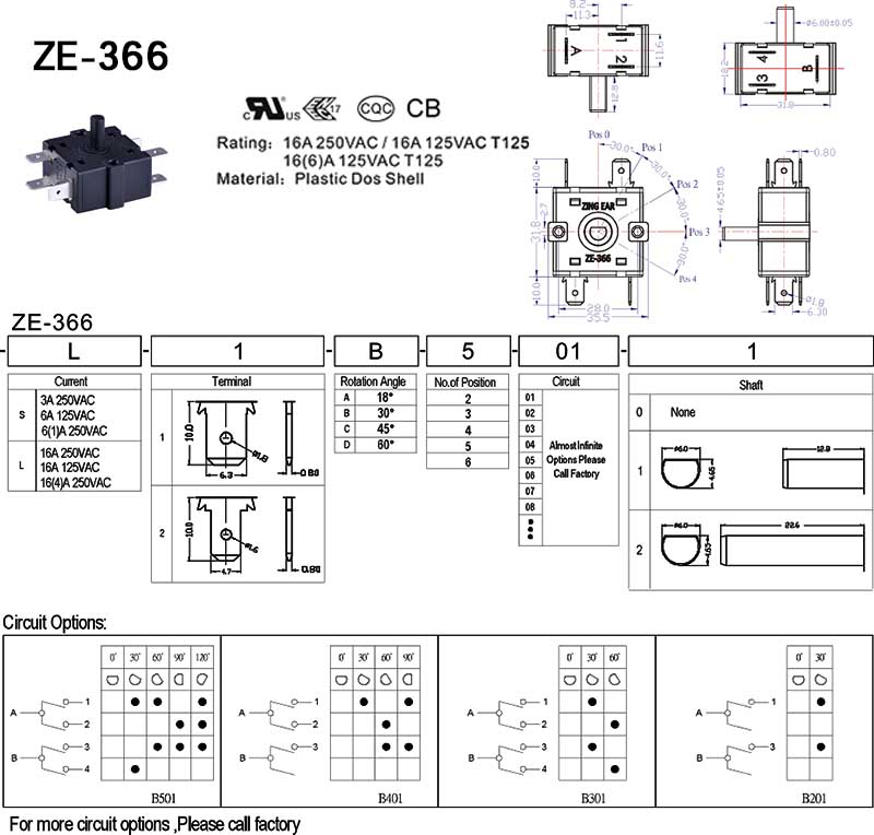 6 Position Rotary Switch T125 16A 125V 250V (4)