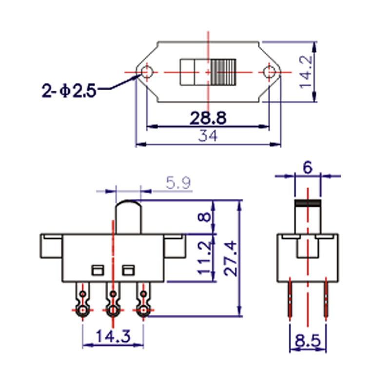 DPDT Slide Switch ON-ON Small 3A 250V 6A 125VAC (2)