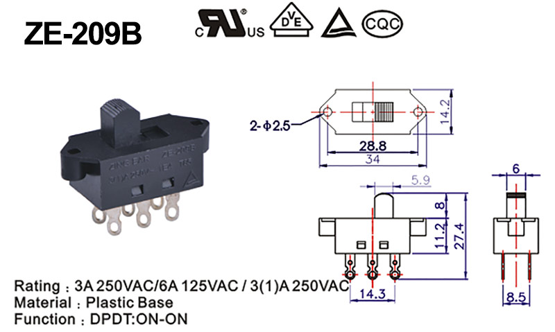 DPDT slide switch drawing