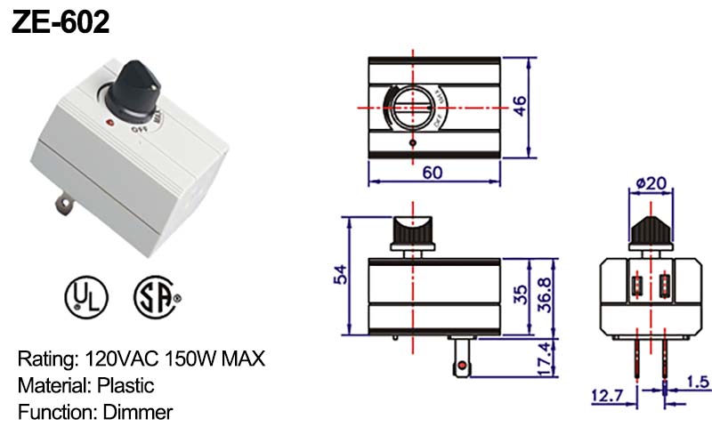 Rotary Dimmer Switch ZE-602 Drawing