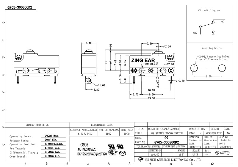 Temperature Snap Switch SPST NC Microswitch Drawing