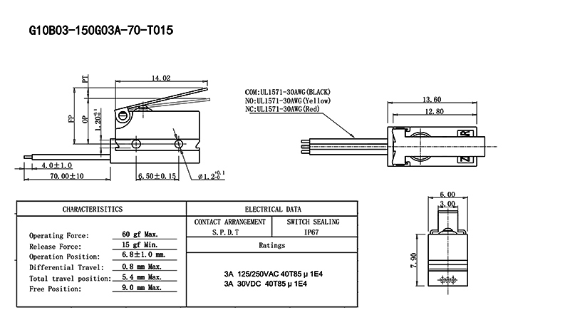 Sub Micro Switch Waterproof drawing