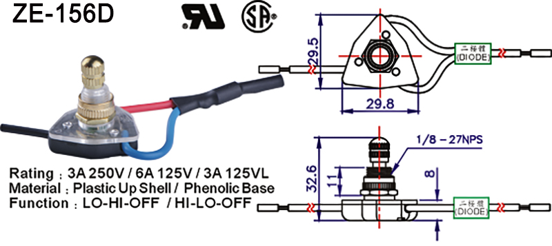 ZE-156D Rotary Lamp Switch Drawing