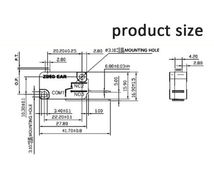 2 Pin Micro Switch G5T16-C2C200-H1-T147 Drawing