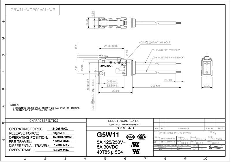 G5W11-WC200A01-W2 normally closed microswitch Datasheet