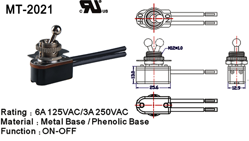 Lighted Toggle Switch Metal Phenolic ON OFF 6A 125VAC drawing