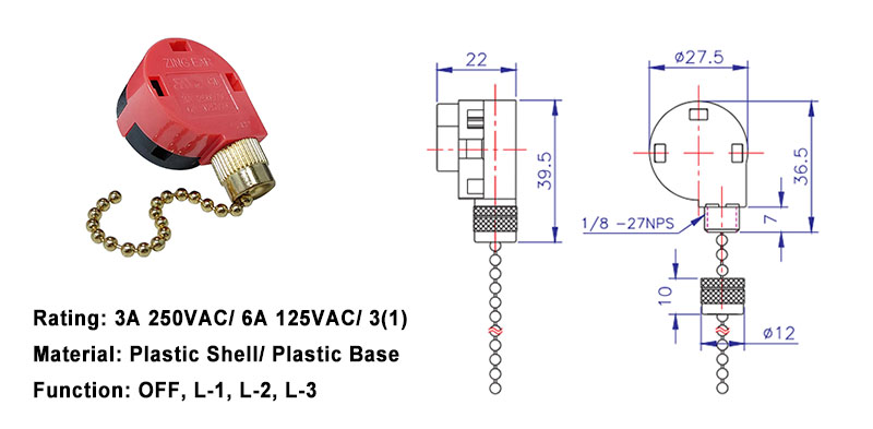 The Drawing of ZE-268s1 Pull Chain Canopy Switch