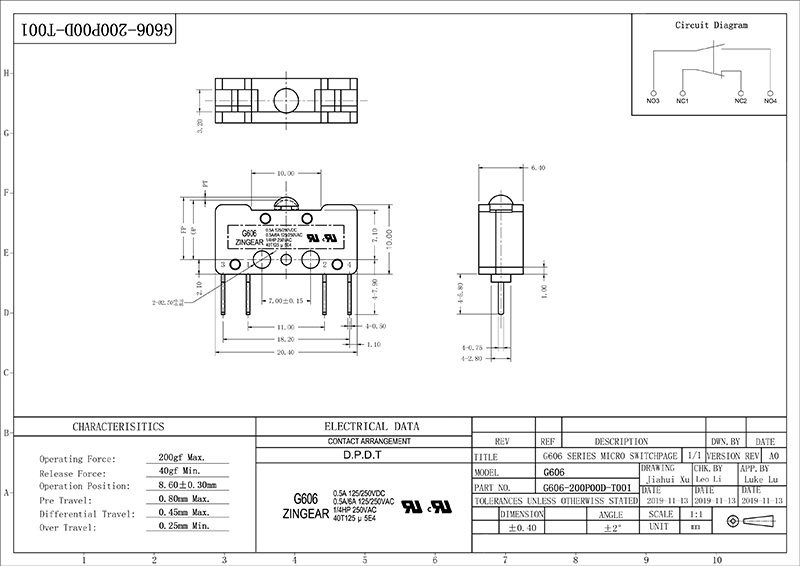 G606-200P00D-T001 6A250 Microswitch Drawing