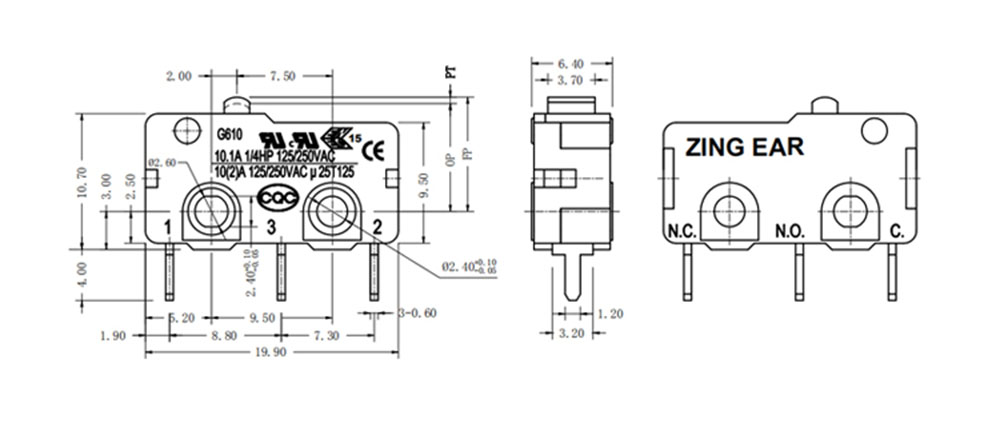 Micro Switch 10A 250VAC 125VAC Drawing