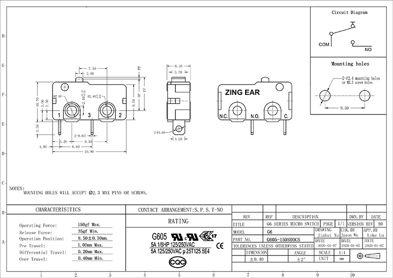 Micro Switch 220V 110V 5A Normally Open drawing