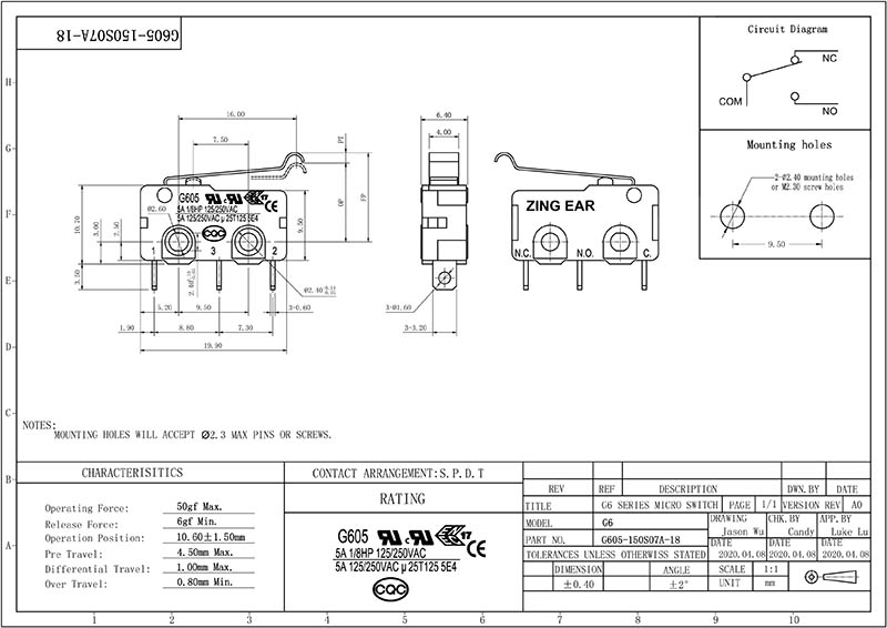 G605-150S07A-18 micro switch no nc drawing