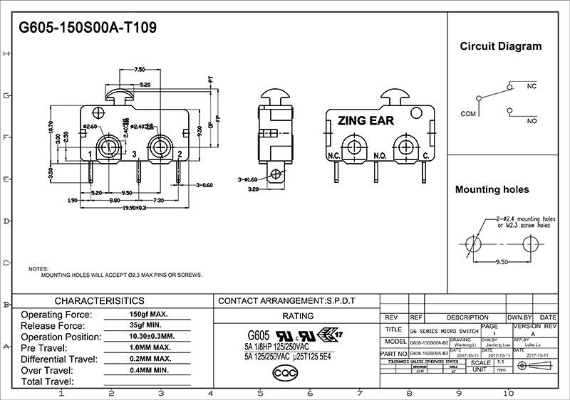 G605-150S00A-T109 SPDT microswitch